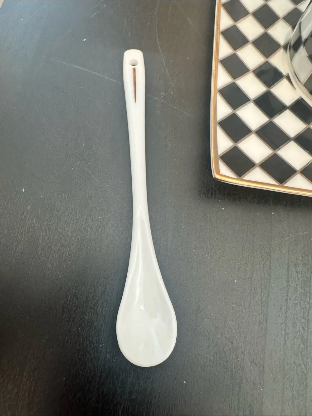 Set Of 4 Porcelain Checkered Black White Gold Espresso Coffee Cup Saucer Spoon